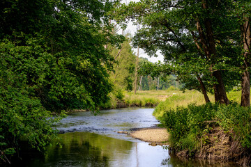 Summer landscape with small river in Valkenburg aan de Geul, The Geul is a river in Belgium and in...