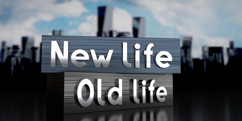 Old life, new life - metal blocks and skyscrapers - 3D illustration