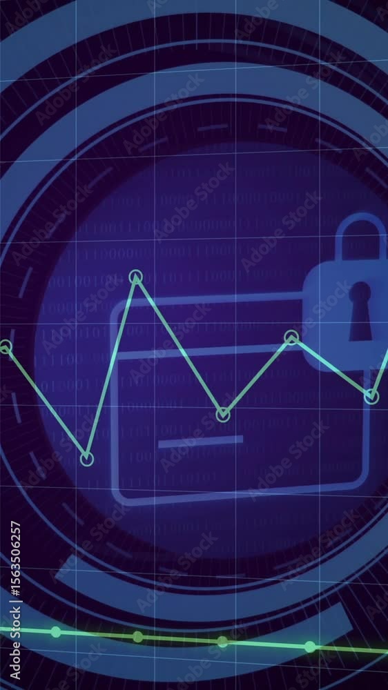 Poster animation of padlock icon and digital data processing over dark background