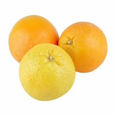 Citrus fruits, one yellow citron and two smooth orange oranges, isolated on a white backdrop.