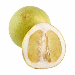 Whole and sliced pomelo on a white background showcasing its juicy interior.