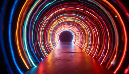 Abstract tunnel of vibrant neon lights creating an eye-catching visual experience