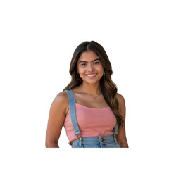 Portrait of a Smiling Young Latina Woman in Denim Overalls