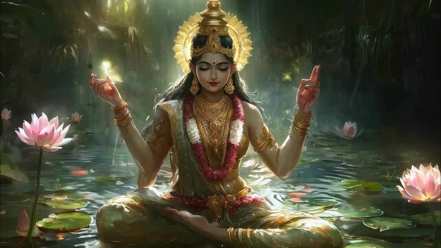 Hindu goddess Parvati depicted in traditional attire with divine expression and symbolic elements