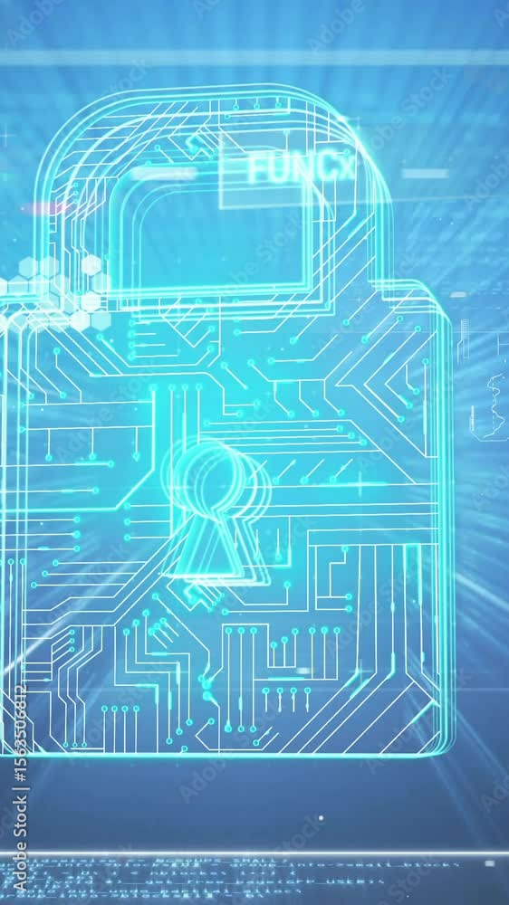 Poster animation of padlock icon with scope scanning and data processing on black background