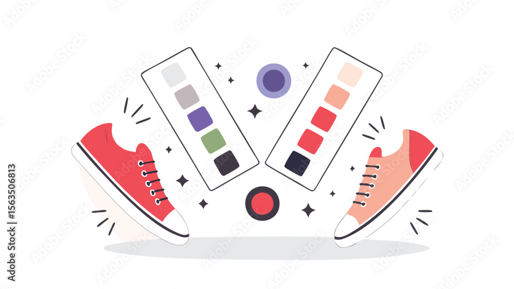 Poster two sneakers with color palettes and circles arranged in a playful and vibrant composition style
