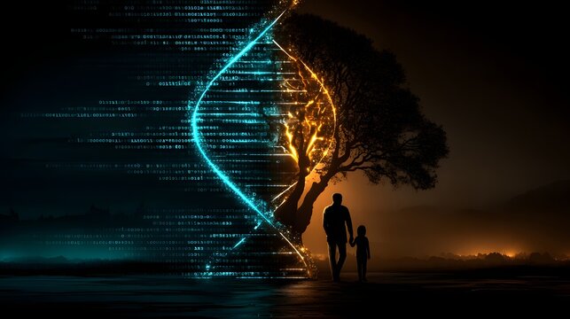 Symbolische Darstellung von Vater und Kind vor digitaler DNA-Struktur und Lebensbaum bei Nacht
