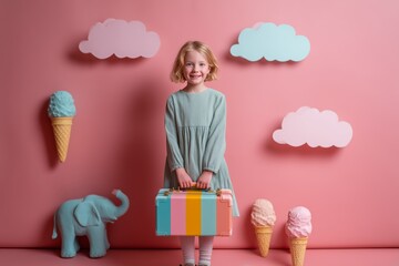 Smiling girl stands with a vibrant suitcase against a playful backdrop of clouds, ice cream cones, and an elephant.