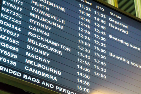 Close up of an airport's departures list
