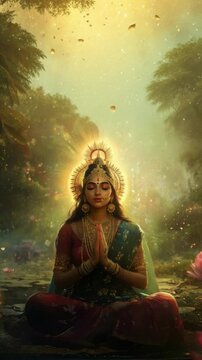Hindu goddess Parvati depicted in traditional attire with divine expression and symbolic elements