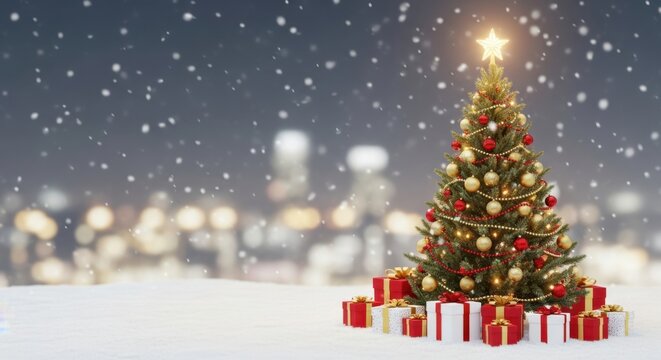 A beautifully decorated Christmas tree sits outdoors surrounded by presents and snow