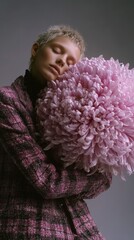 A serene woman in a plaid coat holds a large pink chrysanthemum, eyes closed, conveying tranquility and grace.