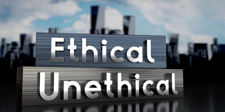 Ethical, unethical - metal blocks and skyscrapers - 3D illustration