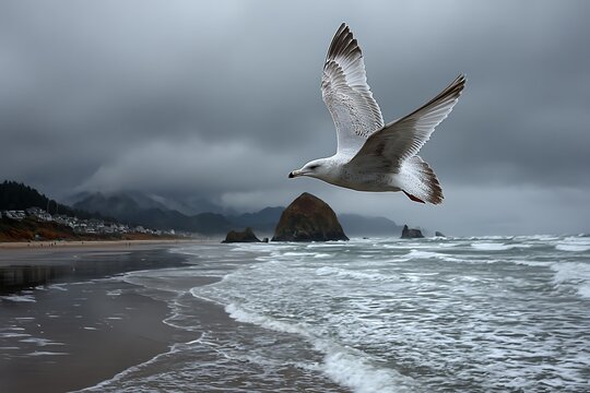Seagull flying above tranquil ocean beach scene  
