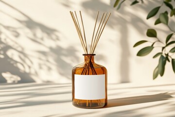Amber glass bottle with reed diffuser sticks casting soft shadows on a light surface and wall, surrounded by blurred green leaves in a calm setting.