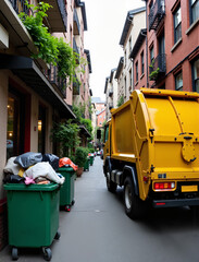 Garbage truck collects waste in urban neighborhood, capturing municipal sanitation services. Garbage truck is an essential part of keeping cities clean,
