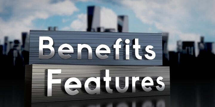 Benefits, features - metal blocks and skyscrapers - 3D illustration