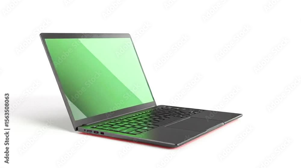 Poster 3d full rotation of a dark silver laptop model, realistic render of a computer with a green screen m