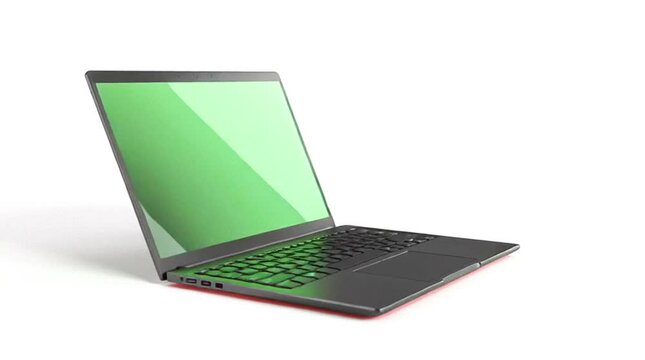 3d full rotation of a dark silver laptop model, realistic render of a computer with a green screen mockup, motion graphics animated element on white background png animation alpha channel slow motion