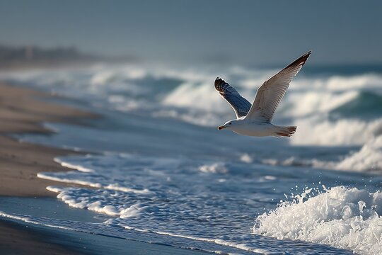 Seagull gliding over serene ocean beach backdrop  
