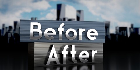 Fototapeta premium Before, after - metal blocks and skyscrapers - 3D illustration