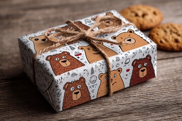 Delightful Gift Wrapped With Amusing Bear Doodles on a Cozy Wooden Surface Generative AI