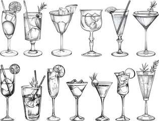 Cocktail Sketch Collection, Vector Illustration on White Background.