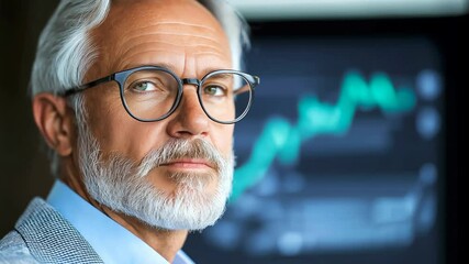 Confident and thoughtful businessman in glasses examining a financial graph on a screen, conveying analysis and decision-making in finance - Powered by Adobe