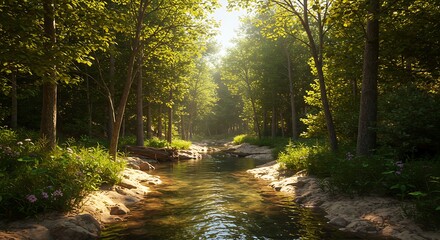 Fototapeta premium Sunlight streams through forest trees, illuminating a flowing river scene.