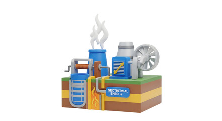 Geothermal energy power plant illustration. Renewable heat power generation technology. Sustainable earth electricity source icon on transparent background.