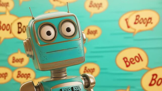 Retro style robot reacts to popping cartoon speech bubbles with boop and bop text, showcasing a range of expressions