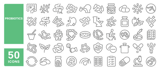 Set of 50 line icons related to probiotics, bacteria, intestines, microbe, digestion, prebiotic, Editable stroke. Vector illustration