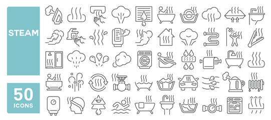 Set of 50 line icons related to steam, warm, moisture, hot, mist, water vapor, Editable stroke. Vector illustration