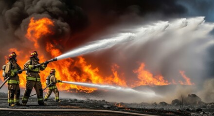 Obraz premium Firefighters Fighting Fire with Water Hoses Extinguishing Flames