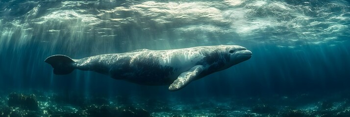 Naklejka premium Majestic Whale Swimming Underwater Sunbeams Ocean Wildlife