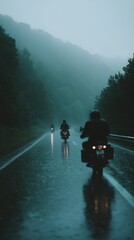 Motorcyclists ride through a misty, rain-soaked mountain road, conveying adventure and resilience in challenging weather.
