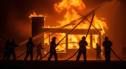 Fototapeta premium Firefighters Battling Building Fire at Night with Water Hoses