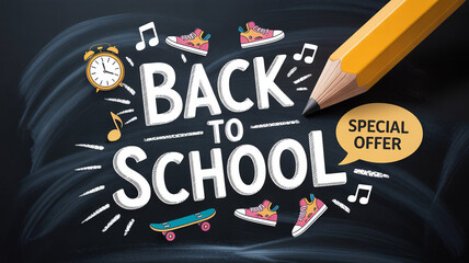 Back to school special offer with pencil sneakers alarm clock and skateboard