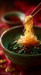 A close-up of glass noodles lifted by chopsticks over a bowl with spinach and sesame seeds, on a red background.