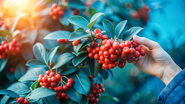 hand holding red berries among green leaves under morning sunlight