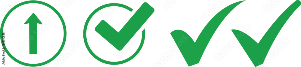 Poster set of green checkmarks and an upward arrow in a circle isolated on transparent background
