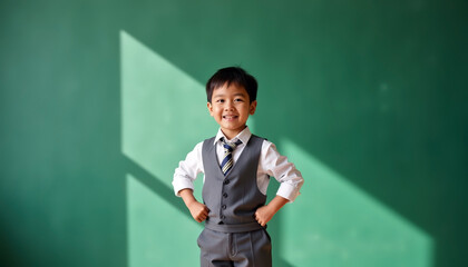 Smiling boy in formal vest and tie standing against green background with hands on hips