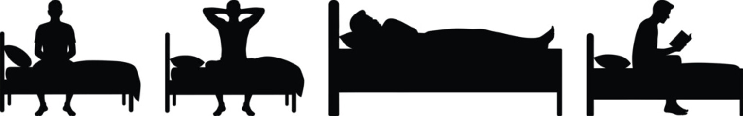 A set of four silhouette vector icons showing a person sleeping, reading, and relaxing in a simple bed frame at home.