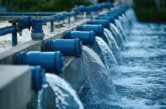 Multiple blue industrial pipes discharge water into a treatment or filtration system channel outdoors.