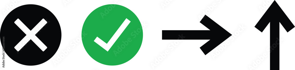 Poster set of icons including a cross mark check mark right arrow and up arrow isolated on transparent back