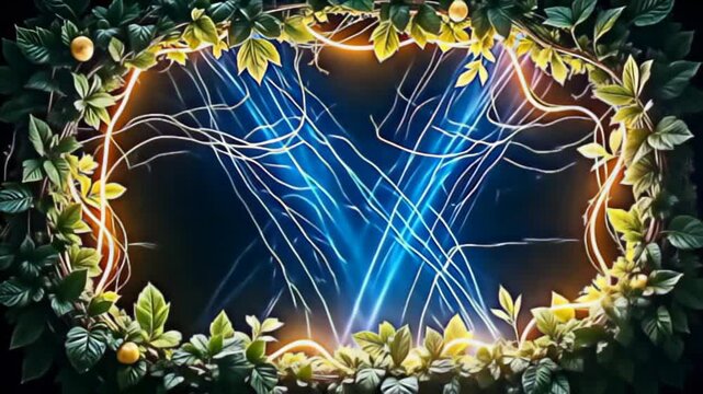 Suspended in a dark void, an Organic leaf Border Frame woven with glowing vines emerges, intricately pulsating with radiant energy, as vibrant light streams cascade and weave through the