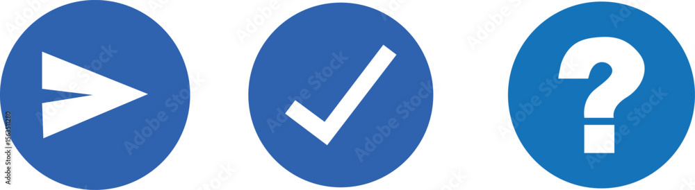 Poster set of three blue circles with white icons for send check and question mark isolated on transparent 