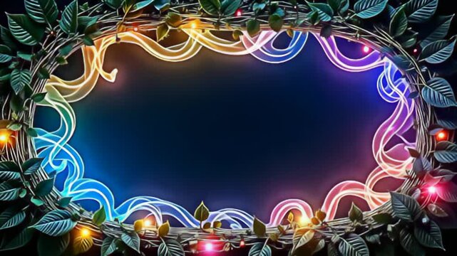 Amidst a dark abyss, an Organic leaf Border Frame woven with glowing vines glows with a soft radiance, while layers of colored light swirl in a harmonious ballet around it, each hue