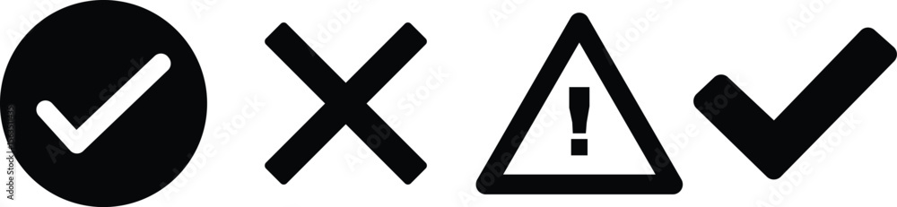 Poster collection of four black icons including a checkmark in a circle a cross a warning sign and a checkm