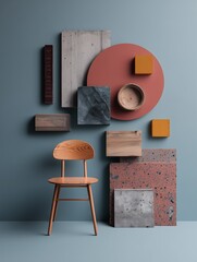 A stylish wooden chair and varied geometric wall elements create a harmonious modern composition in this minimalist interior design setup.